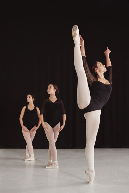 艺术专业芭蕾舞演员穿着尖头鞋一起练习的正面图女子芭蕾舞紧身衣
