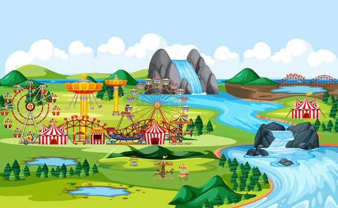 青年游乐场有马戏团和许多游乐设施的景观场景轮子娱乐游乐园