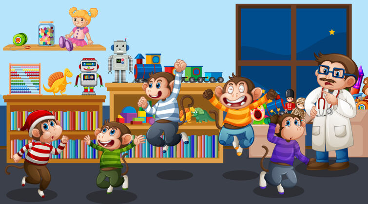 玩具五只小猴子和一个医生在客厅里跳娱乐微笑卡通