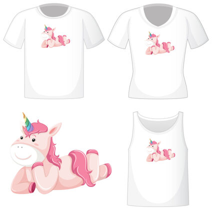 独角兽可爱的粉红色独角兽标志不同的白衬衫隔离多彩仙女可爱