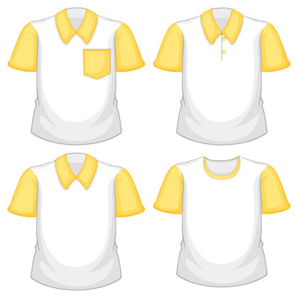 空白一套不同的白色衬衫与黄色短袖隔离在白色人类女人商品