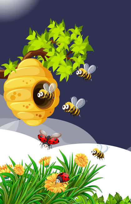 故事许多蜜蜂与蜂巢和瓢虫一起生活在花园里昆虫野生人类