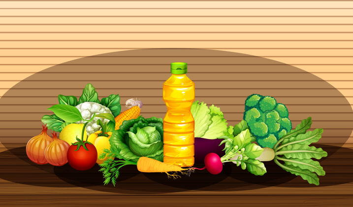 卡通木墙上摆着一组不同的蔬菜和一瓶油蔬菜西兰花木头