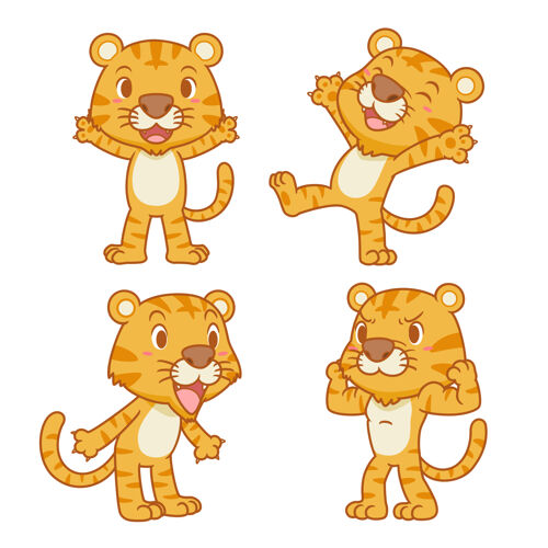 宝贝一组不同姿势的可爱卡通老虎庆祝猫丛林
