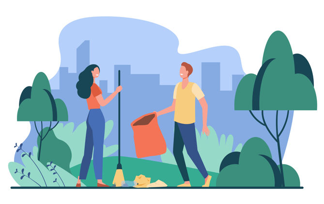 单位快乐的夫妇在户外捡垃圾年轻人在垃圾场清理公园志愿服务 自然关怀扫帚回收积极分子