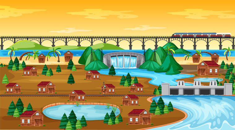 自然卡通风格的城镇或城市和桥梁火车景观场景现场河流住宅