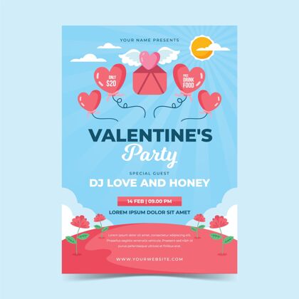 快乐平面设计情人节派对海报模板心2月14日庆祝