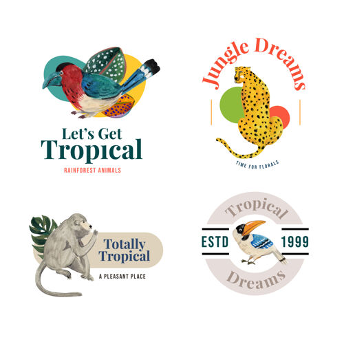 花卉标志设计与热带现代概念的品牌和营销水彩插图丛林自然动物