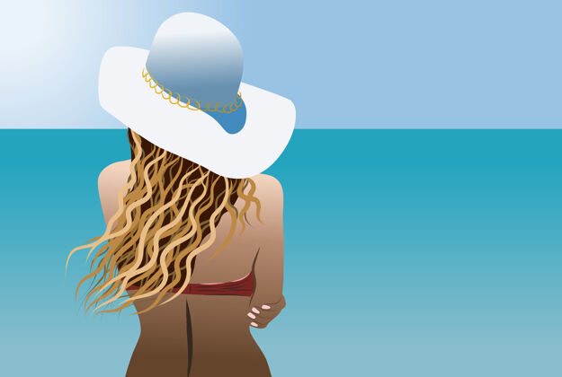 海洋戴着白色太阳帽 穿着红色泳衣的金发女人在看大海时尚模特优雅