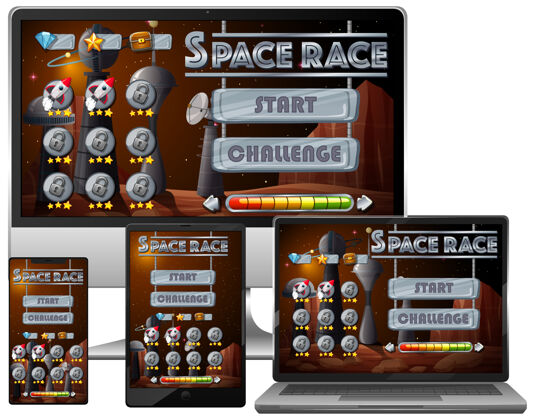 活跃不同电子屏幕上的太空竞赛任务游戏插图人类卡通
