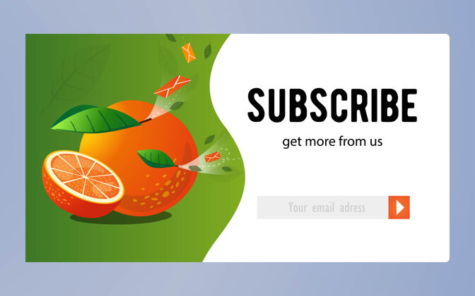 插图网上新闻稿设计与橙色整个和切割水果 飞行信封矢量插图订阅按钮和邮箱地址食品和饮料的订阅信设计的概念食物几何电子邮件