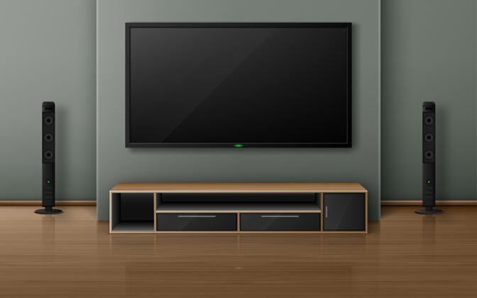 家具现代客厅配有电视屏幕和扬声器的家庭影院室内逼真 等离子电视挂在墙上 音响系统和木质地板上的支架木制3d屏幕