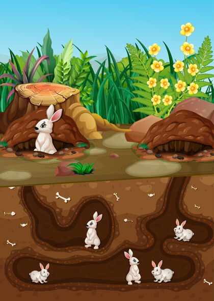 泥土地下动物洞里有很多白兔风景场景兔子
