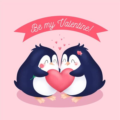 可爱手绘情人节企鹅情侣庆祝情人节浪漫