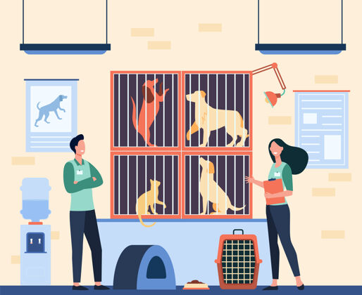 领养带着徽章的快乐志愿者在动物收容所工作 照顾笼子里无家可归的猫和狗采用宠物 动物护理概念的矢量图人狗动物