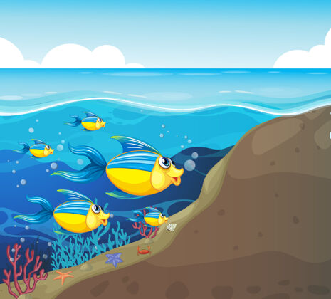 动物许多异国情调的鱼卡通人物在水下插画美丽大海洋