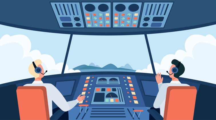 人彩色飞机座舱隔离平面矢量图两个卡通飞行员坐在机舱内的控制面板前机组人员和飞机的概念二云飞行