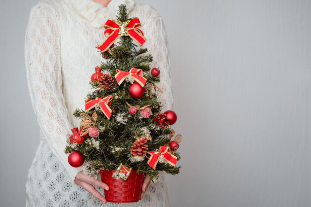 树女的拿着一棵装饰着红色饰物的圣诞树传统十二月球
