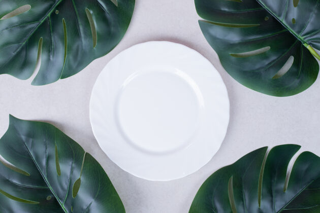 装饰人造的绿叶和白色的盘子放在白色的表面上绿色背景特写