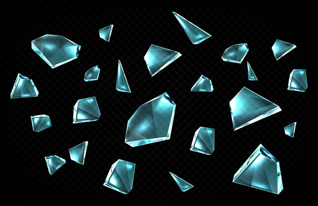 破碎黑色背景上孤立的碎玻璃碎片 随机散落的碎玻璃碎片 透明的冰晶碎片 锐利的边缘 设计元素 卡通图标集破裂玻璃水晶