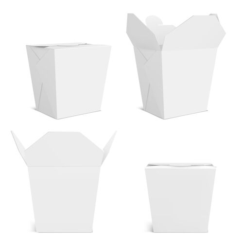 空炒锅盒模型 空白的外卖食品容器空袋中餐 面条或快餐正面和角落视图纸张关闭和打开现实的三维模板隔离在白色背景上包装模板外卖