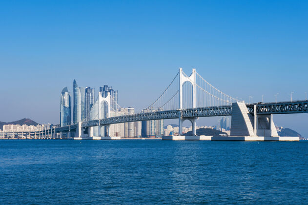 城市景观韩国釜山的光安桥和海云台区市中心海