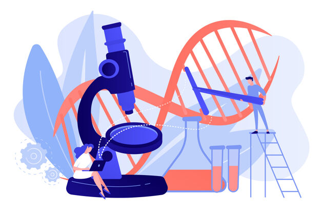 Dna显微镜和科学家改变dna结构基因工程 基因改造和基因操作概念的白色背景粉红珊瑚蓝载体孤立插图绘图实验蓝色