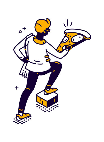 订单男人送食物的等距插图 男人手里拿着一大块比萨饼运输披萨卡通