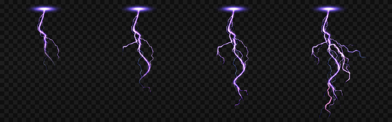 设置雪碧与闪电 霹雳打击设置为fx动画现实设置的紫色电冲击在夜间 引发雷雨放电隔离在透明的背景透明动画电