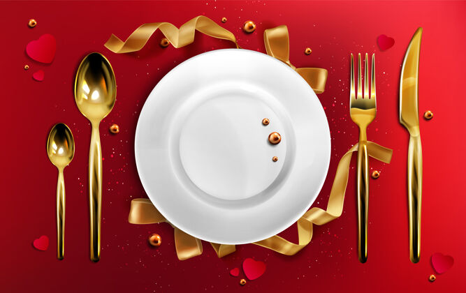 餐具金色餐具和盘子俯视图 圣诞晚餐设置金色叉子 勺子和刀在红色桌布与丝带 珍珠和闪光 陶瓷圣诞节假期用具逼真的三维插图勺子丝带圣诞