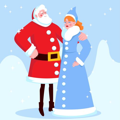 传统可爱的雪女角色与圣诞老人冬天节日圣诞老人