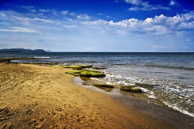 宁静美丽的海岸风光 岩石覆盖着苔藓自然自然岩石