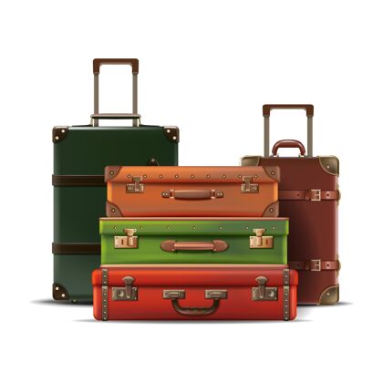 堆叠收集不同尺寸的旅行包复古老式皮革隔离在白色背景上手提箱行李复古