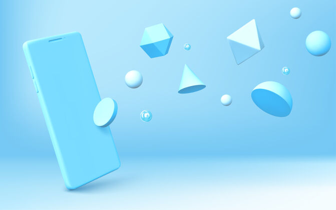 正方形抽象背景与现实的智能手机和几何三维形状分散在蓝色背景半球 八面体 球体 圆锥体 圆柱体和二十面体与矢量手机渲染六边形三角形几何图形