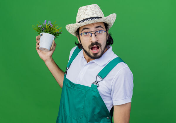 帽子年轻的留着胡须的园丁穿着连体衣戴着帽子拿着盆栽植物惊讶不已盆栽穿着惊讶