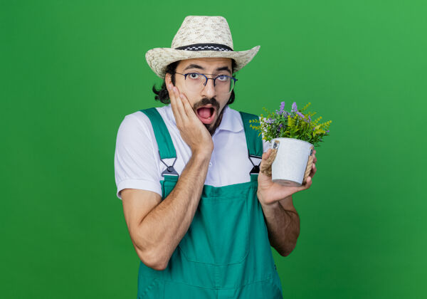 看年轻的留着胡须的园丁穿着连体衣戴着帽子 手里拿着盆栽植物 惊讶不已惊讶盆栽站着
