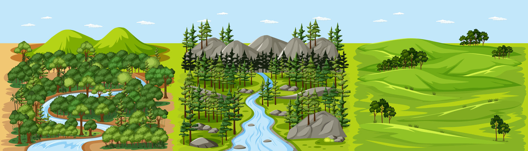 草地森林自然景观中的小溪生态植物卡通