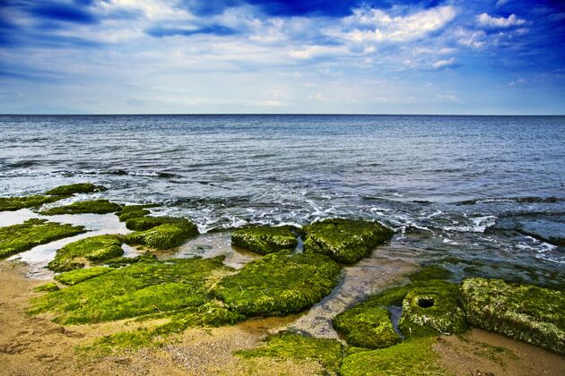 岩石美丽的海岸风光 岩石覆盖着苔藓海岸石头沙子