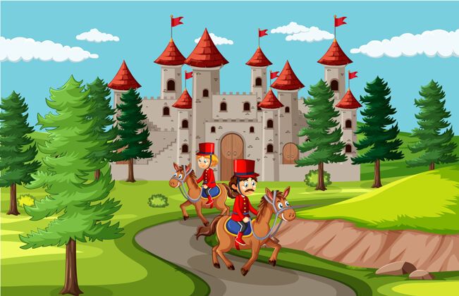 动物童话场景与城堡和士兵锦衣卫场景景观士兵儿童