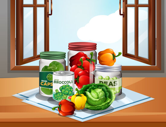 剪贴画在橱窗背景上的一组蔬菜和罐子里的蔬菜卷心菜蔬菜罐装