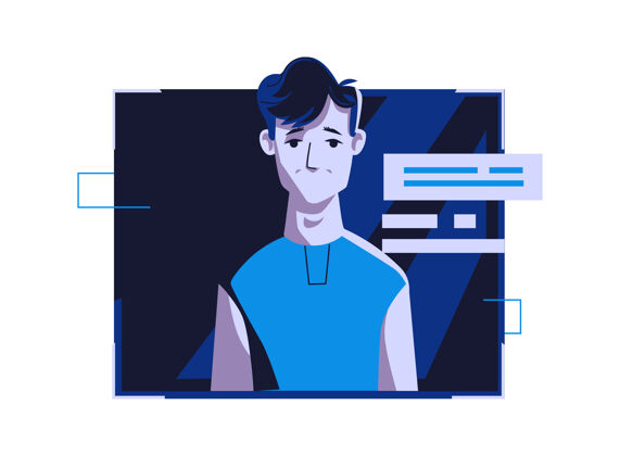 肖像现代人穿着休闲服的化身 矢量卡通插画有着个人脸和头发的男人 在深蓝色电脑上的浅色数码相框中 图片为网页资料男孩员工插图