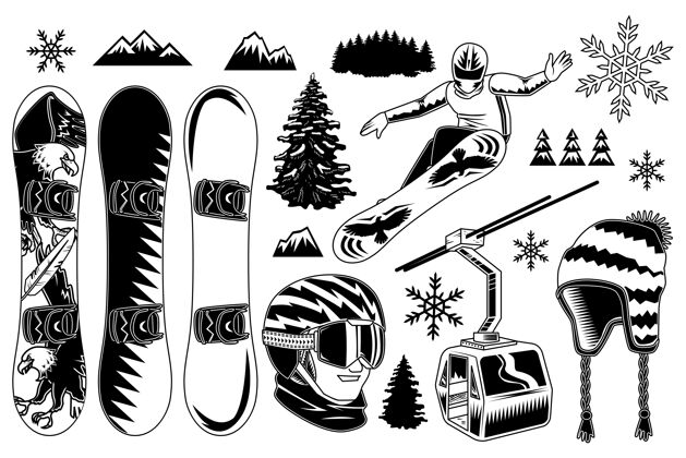滑雪板一套滑雪板元素滑雪板设备图形