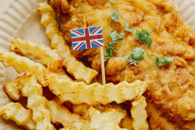 鱼炸鱼薯条大英国旗特写镜头伟大传统国旗