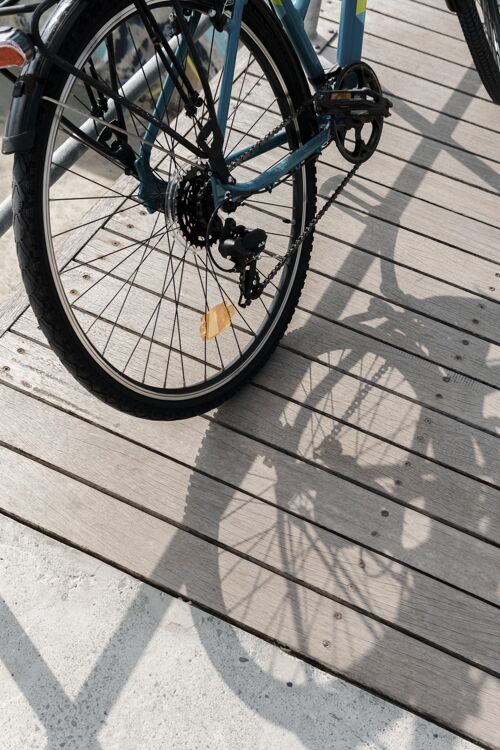 骑木头上的自行车和它的影子骑自行车者自行车运动